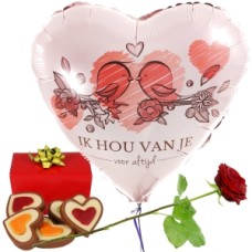 I love you balloon + chocolate hearts (I love you heart balloon + 140 grams of chocolate hearts + fresh red rose + bottle of white prosecco)